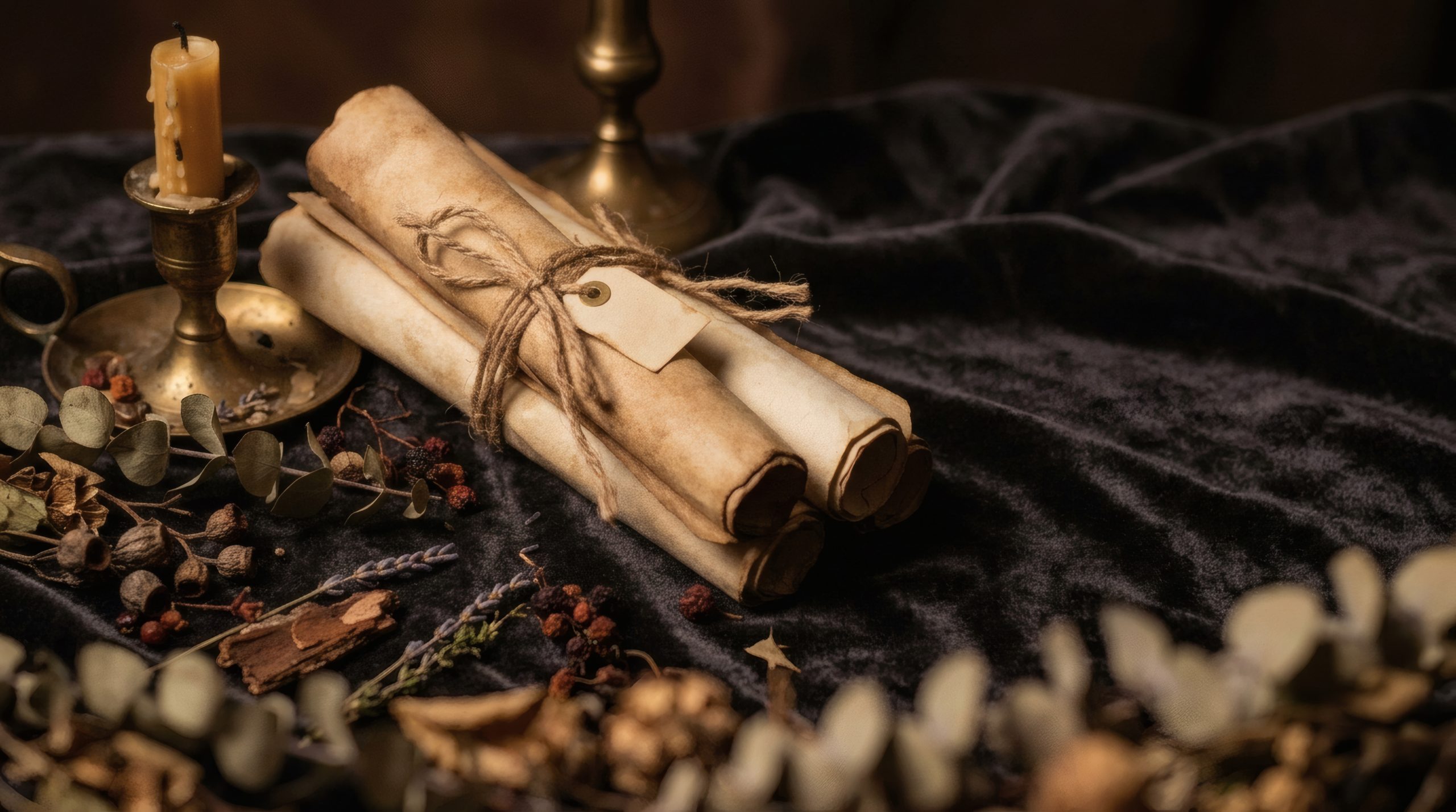 Ancient parchment paper scrolls tied with twine string beside brass candlestick and dried herbs on velvet table
